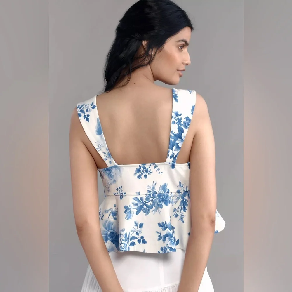 Anthropologie Maeve Square-Neck Peplum Tank Top in Blue Pattern Size M nwt - Picture 2 of 11
